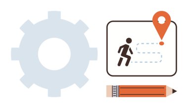 Teçhizat, koşuculu harita ve konum kodu, kalem. Strateji, planlama, yön, hedefler, iş akışı verimliliği problem çözme için idealdir. Basit düz metafor