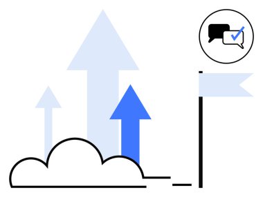 Oklar buluttan, büyümeyi, ilerlemeyi ve hedefleri temsil eden bir bayrağa doğru yükseliyor. Bir çember iletişim rolünü belirten bir diyalog işaretine sahiptir. Takım çalışması, başarı ve strateji için ideal