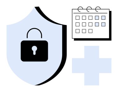 Koruma için kilitli bir kalkan, planlama için takvim ve sağlık hizmetleri için geçiş. Siber güvenlik, gizlilik, programlama, sağlık, güvenlik veri bütünlüğü için ideal. Basit düz metafor