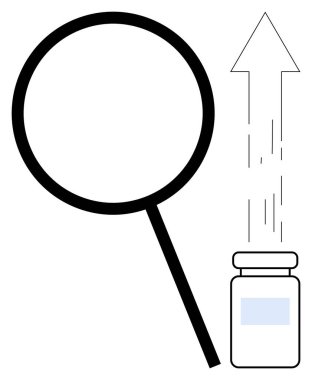 Büyüteç şişeyi yukarı doğru ok ile inceliyor, büyüme, keşif ve gelişmeyi gösteriyor. Araştırma, bilim, analiz, yenilikçi tıp gelişimi araştırması için ideal. Basit.