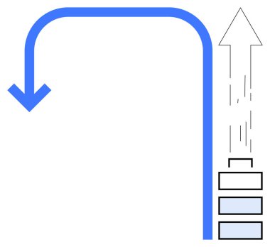 Mavi kavisli ok aşağıya doğru dönüyor, basamaklar yukarı doğru düz ok ile yükseliyor. İlerleme, büyüme, strateji, planlama, yenilik, yön bulma için ideal başarı. Basit düz metafor