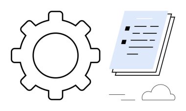 Üzerinde kontrol işaretleri, bulutlar ve gelişmiş tasarım olan bir belgenin yanına git. Çalışma akışı, planlama, üretkenlik, otomasyon, organizasyon, teknoloji iş stratejisi ve basit düz metafor için ideal