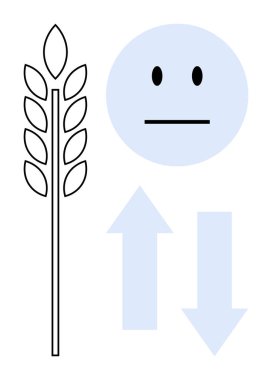Tarımsal eğilimleri, piyasa değişimlerini ve üretim dinamiklerini gösteren yukarı ve aşağı oklarla buğday üzerinde nötr bir yüz. Çiftçilik, ekonomi, ticaret, sürdürülebilirlik ve iş için ideal