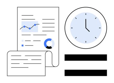 Çizelgeler, grafikler ve yazılı bilgiler saat yüzü ve yatay çubuklarla eşleştirilmiş. Üretkenlik, organizasyon, zaman izleme, süreler, veri analizi, proje planlaması için ideal