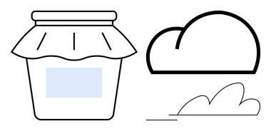 Basit bulut anahatlarının yanında üstü kapalı kavanoz, temaların depolamayı, paylaşımı, çevre dostu olmayı, minimalizmi, dijital depolamayı, korunmayı, yeniden kullanılabilir ürünleri işaret ediyor. Yemek için ideal.