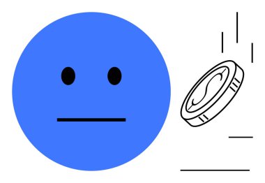 Tarafsız duygulara sahip dairesel yüz ve düşen para seçimi, şansı, tarafsızlığı ve belirsizliği akla getiriyor. Duygular için ideal, şans, risk, karar verme, olasılık tarafsızlığı basit düz metafor