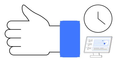 El hareketi onaylama, analog saat ve arayüz tasarımlı masaüstü ekran. Üretkenlik, zaman yönetimi, takım çalışması, başarı, teknoloji iş akışı motivasyonu için idealdir. Basit düz