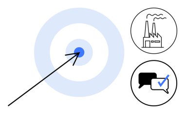 Oklu bir hedef, fabrika hatları ve işaretli konuşma baloncukları. Planlama, strateji, iletişim, iş büyümesi, endüstri, başarı ve basit bir düz metafor olarak odaklanmak için ideal