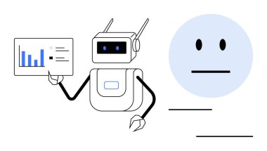 Tarafsız bir yüz gözlemlerken robot veri içgörülerini bir grafik kullanarak açıklıyor. Yapay zeka, otomasyon, teknoloji, veri analizi, makine eğitimi, eğitim, gelecekteki trendler için idealdir. Basit düz metafor