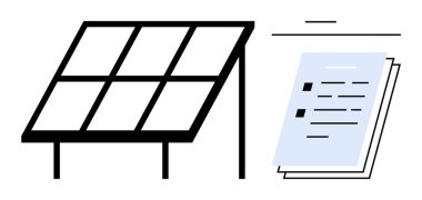 Güneş paneli yapısı yenilenebilir enerji girişimleri, planlama ve kaynakları temsil eden istiflenmiş belgelerle birlikte. Enerji yönetimi, sürdürülebilirlik, ekoloji, eko-ticaret, politika için ideal