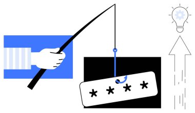 Balıkçı oltası şifre etiketi takıyor, fikirleri ya da kavrayışları tasvir eden ampul, büyümek için yukarı doğru ok atıyor. Siber güvenlik, çevrimiçi dolandırıcılık, farkındalık, dolandırıcılık, yenilik, ilerleme düz metaforu için ideal