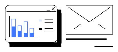 Bir zarf simgesiyle eşleştirilmiş bir gösterge panelindeki veri eğilimlerini gösteren çubuk grafik. Veri analizi, iletişim, iş çözümleri, üretkenlik araçları, e-posta pazarlama, raporlama, dijital