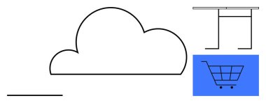 Bulut, mavi kutuda alışveriş arabası, birbiriyle bağlantılı elementler e-ticaret, teknoloji, yenilik, dijital pazarlama, veri depolama, bulut hesaplama, basit düz metafor