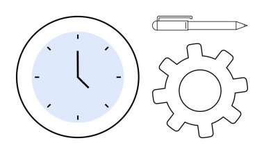 Zamanı gösteren saat, süreci sembolize eden vites ve yaratıcılığı gösteren kalem. Üretkenlik, zaman yönetimi, iş akışı, takım çalışması, planlama, organizasyon için ideal düz metafor