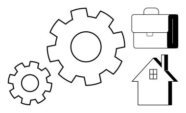 Evrak çantası ve evin yanında kilitli vitesler iş hayatını, takım çalışmasını ve verimliliği simgeliyor. Üretim, planlama, organizasyon, strateji, kariyer büyümesi, zaman yönetimi için ideal