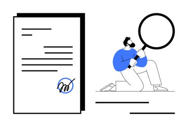 İmzalı bir belgenin yanında büyüteçle diz çökmüş biri. Sözleşme gözden geçirme, yasal analiz, belge doğrulama, kalite güvencesi, uyum, karar verme, basit düz metafor