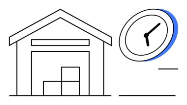 Depo yapısı istiflenmiş kutular ve zaman yönetimini gösteren büyük bir saat içeriyor. Lojistik, tedarik zinciri, verimlilik, dakiklik, teslimat, depolama, iş planlaması için ideal. Basit.