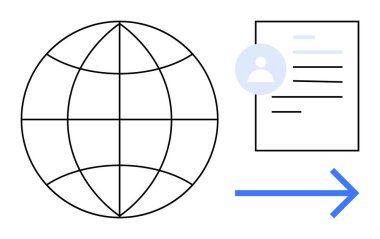 Dünya çapındaki bağlantıyı, kullanıcı profili simgesini, hareketi gösteren oku temsil eden küre. İletişim, ağ oluşturma, belge paylaşımı, küreselleşme, kullanıcı verisi, bilgi akışı için ideal