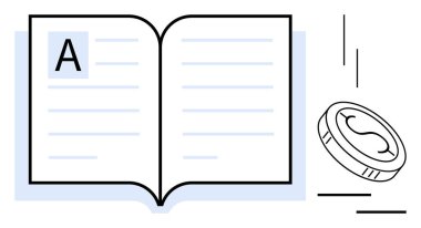 Metin satırları ve hareketli bir madeni para içeren açık bir kitap. Eğitim, öğrenme, okuma, yatırım, finansal okuryazarlık, öğrenim ve bilgi gelişimi için ideal. Temiz, düz metafor