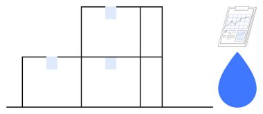 Etiketli kutular, mavi su damlası, veri haritalı pano. Lojistik, envanter, nakliye, su kalitesi, veri analizi sürdürülebilirlik depolama verimi için ideal. Basit düz metafor