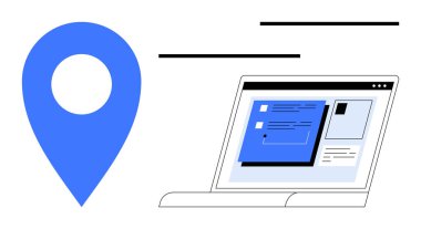 Yer belirleme verilerini, tasarım planlarını ve arayüz elemanlarını gösteren bir dizüstü bilgisayarın yanındaki büyük mavi harita iğnesi. Navigasyon, seyahat, teknoloji, uygulama tasarımı, ağ, analitik dijital araçlar ve basit bir