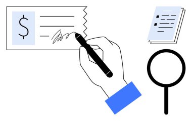 Yanında bir yığın mali belge ve büyüteçle birlikte bir çek imzalıyor. Finans, denetleme, analiz, sözleşmeler, iş yerleri, yatırım kredileri için ideal. Basit bir daire.