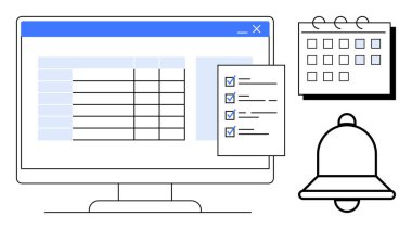 Bilgisayar ekranında bir tablo, işaretli kontrol listesi, takvim ve uyarı zili var. Üretkenlik, planlama, organizasyon, görev takibi için idealdir, zaman yönetimi ve zamanlamayı hatırlatır