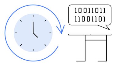 Dairesel oklu saat, programlama, kodlama, zaman yönetimi, iş akışı verimliliği, teknoloji, veri işleme ve üretkenliği temsil eden bir tablonun yanında ikili kod konuşma balonu. Zaman için ideal