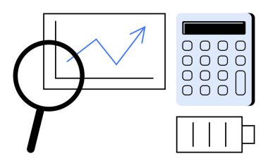 Büyüyen bir grafiği inceleyen büyüteç, hesaplamalar için hesap makinesi ve enerjiyi temsil eden bir pil. Veri analizi, istatistik, iş büyümesi, finans, üretkenlik ve teknoloji için ideal