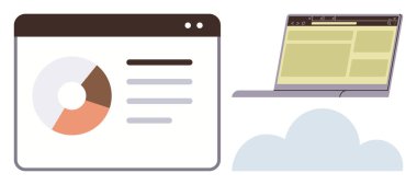 Pasta grafiği ve dizüstü bilgisayarın yanında mesaj olan bir panel. Veri analizi için ideal, bulut depolama, dijital iş, teknoloji stratejisi, yazılım, uzaktan çalışma, basit düz metafor