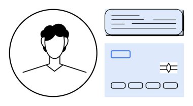 Kullanıcı avatarı, metin alanları ile form ve kimlik kartı yan yana. Kimlik doğrulama, çevrimiçi kayıt, kullanıcı hesabı kurulumu, profil tamamlama, finans hizmetleri, kişisel veri
