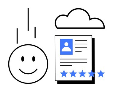 Müşteri memnuniyeti, geri bildirim ve güveni vurgulayan beş yıldızlı kullanıcı profili üzerinde mutlu yüz ve bulut. Müşteri değerlendirmeleri, reytingler, iş kalitesi, kullanıcı deneyimi için ideal