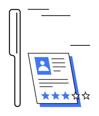 Kişisel detayları, derecelendirme yıldızlarını ve iş değerlendirmesini, değerlendirmeyi, işe almayı sembolize eden bir kalemle simgeye devam et. İşe alım, insan kaynakları, geri bildirim, performans iş görüşmeleri için idealdir.