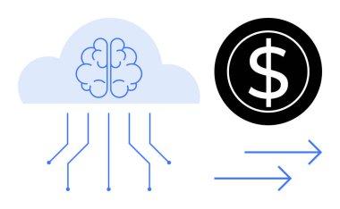 Bulutlardaki beyin devrelerle ve oklarla dolar işaretiyle bağlantılı. Yapay zeka, finans, bulut hesaplama, veri transferi, yenilik, fintech, otomasyon için ideal. Basit düz metafor