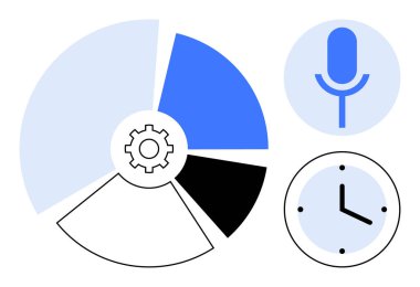 İş akışını simgeleyen dişli ikonu, iletişimi simgeleyen mikrofon ve zaman yönetimini simgeleyen saati gösteren saat grafiği. Analiz, teknoloji, iletişim, üretkenlik, organizasyon için ideal