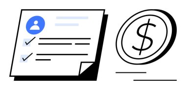 Kullanıcı simgesi ve tamamlama işaretli profil kontrol listesi bir dolar madeni paranın yanında. Değerlendirme, finans, iş, yatırım, işe alım, bütçe, analitik, basit düz metafor