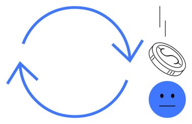 Mavi oklar döngüleri sembolize eden dairesel bir döngü oluşturur. Tarafsız bir yüze düşen bir madeni para mali kararları akla getiriyor. Finans, yenilenme, karar verme, geri bildirim döngüsü, ekonomi ve risk için ideal