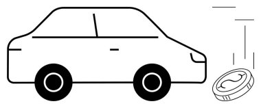 Düşen bir madeni paranın yanında küçük bir araba, mali kararları, ulaşım masraflarını veya araç yatırımlarını simgeliyor. Finans, ekonomi, maliyet yönetimi, ulaşım, iş tasarrufları için ideal