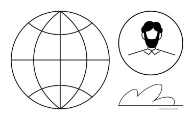 Meridyen çizgileri, dairesel kullanıcı profili ve küresel bağlantıyı, kullanıcı kimliğini ve sürdürülebilirliği temsil eden bulut şekli olan dünya. Ağ oluşturma, kimlik, iletişim, teknoloji için ideal