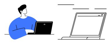 Yüzen yazılım arayüzü penceresinin yanında bir dizüstü bilgisayar kullanan kişi. Teknoloji, uzaktan çalışma, eğitim, işbirliği, üretkenlik, kullanıcı deneyimi için ideal, basit düz metafor