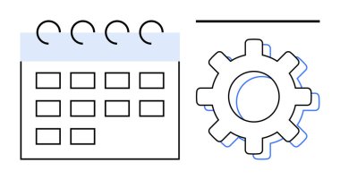 Planlama, zaman yönetimi ve ilerleme sürecini vurgulayan spiral bağlayıcı ve dişli takvim yan yana. Üretkenlik, iş akışı, zamanlama, sistem entegrasyonu ve proje için ideal