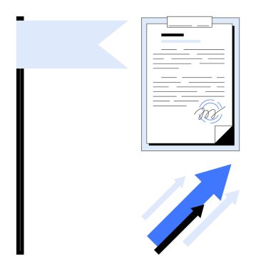 Panoda imzalı belge, bayrak direği ve yukarı doğru oklar. Başarı, büyüme, başarı, liderlik, iş hedefleri için ideal kilometre taşlarıdır. Basit düz metafor