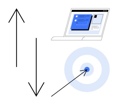 Dikey oklar büyümeyi ve düşüşü işaret ediyor, analitik analizleri gösteren dizüstü bilgisayar ekranı, ve hedef tahtası. İş stratejisi, hedef belirleme, ilerleme, analitik, odaklanma ve başarı minimalizmi için ideal