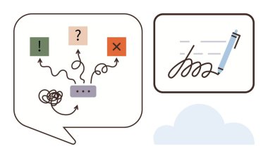 Konuşma balonu, problem çözme ikonları, karışık çizgiler ve karar noktaları. Kalemle birlikte bir kutuda el yazısı. Beyin fırtınası, iletişim, problem çözme, karar verme, yaratıcılık için ideal