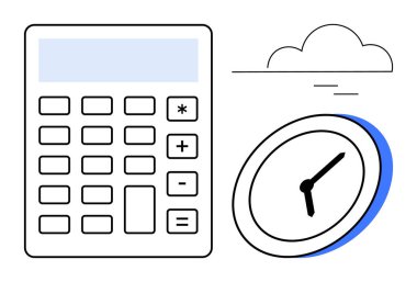 Hesap makinesi ve saat verimli kaynak tahsisi ve verimliliği öneriyor. Zaman yönetimi için ideal, finansal planlama, bütçe, verimlilik, teslim tarihleri, organizasyon, basit düz metafor