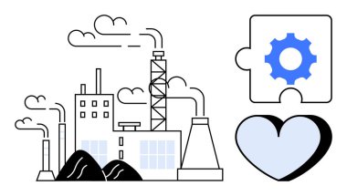 Kömür yığınları ile duman yayan fabrika, teknoloji ve sürdürülebilirlik sinerjisini gösteren çift bulmaca. Endüstri, yenilik, sürdürülebilirlik, çevre bakımı, takım çalışması, sorun çözme için ideal