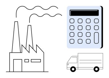 Duman yayan fabrika, dağıtım kamyonu ve hesap makinesi sanayi, lojistik, finans, maliyet verimliliği, çevresel etki, ulaşım kaynakları yönetimi sembolize ediyor. Modern iş için ideal