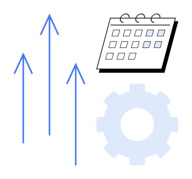 Yukarı bakan mavi oklar, bir takvim ve bir dişli büyüme, zaman yönetimi, strateji, üretkenlik, yenilik, gelişme ve verimliliği sembolize eder. İş planlama projesi için ideal