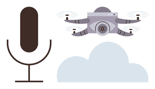 Microphone, quadcopter with camera hovering above, and cloud emphasize innovation, communication, surveillance, and connectivity. Ideal for AI, IoT, security tech trends automation media simple