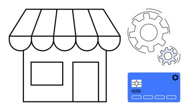 Çizgili tenteli küçük bir dükkan, mavi kredi kartı, ve iş, ödeme sistemleri, otomasyon ve yenilikleri temsil eden vites simgeleri. E-ticaret, finans ve girişimcilik teknolojisi için ideal.